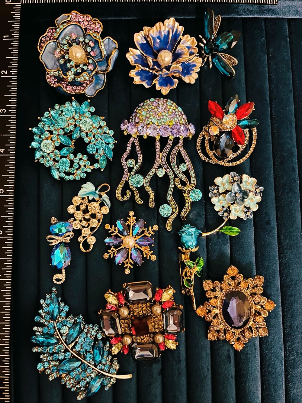 Lot of 14pc Vintage Style Blue Brooches Pins Jellyfish Animal Flower